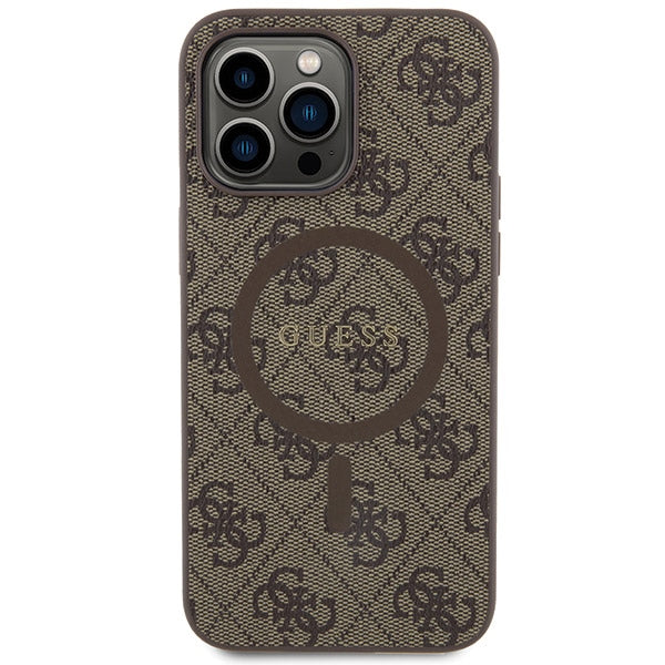 Guess iPhone 15 Pro brown hardcase 4G Collection Leather Metal Logo MagSafe