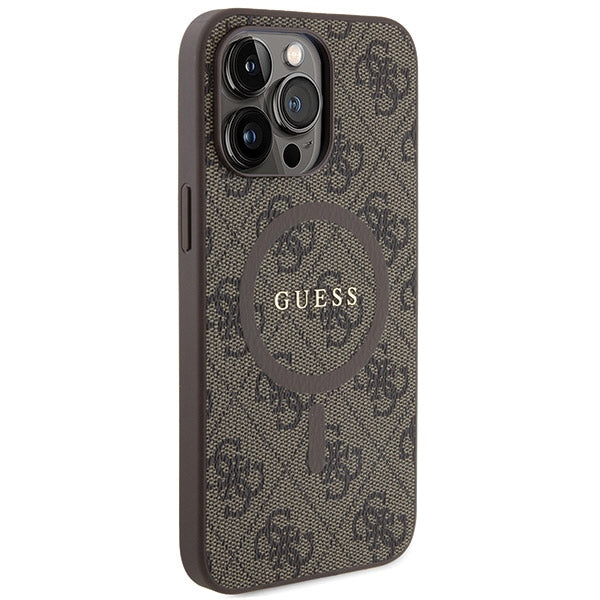 Guess iPhone 15 Pro brown hardcase 4G Collection Leather Metal Logo MagSafe