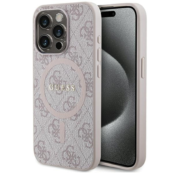 Guess iPhone 15 Pro pink hardcase 4G Collection Leather Metal Logo MagSafe